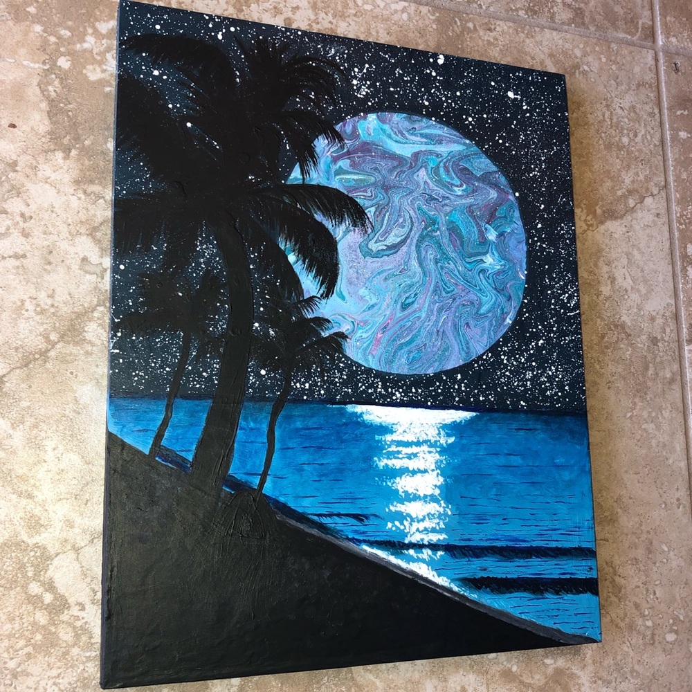 14 x 11 Acylic Pour Wood Moon Painting - Picture 3 of 3